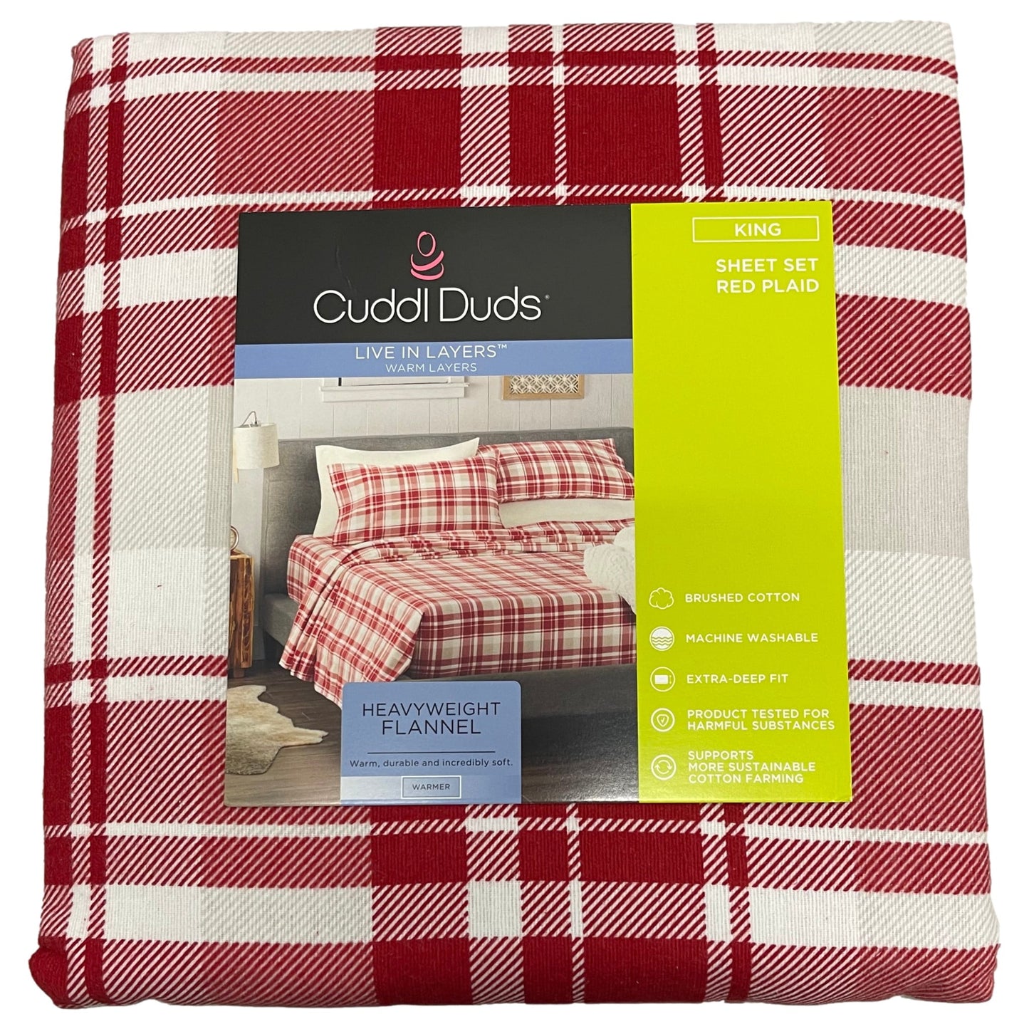 Cuddle Duds Flannel Sheet Set Red Plaid King Bed Sheets, Bedding ...